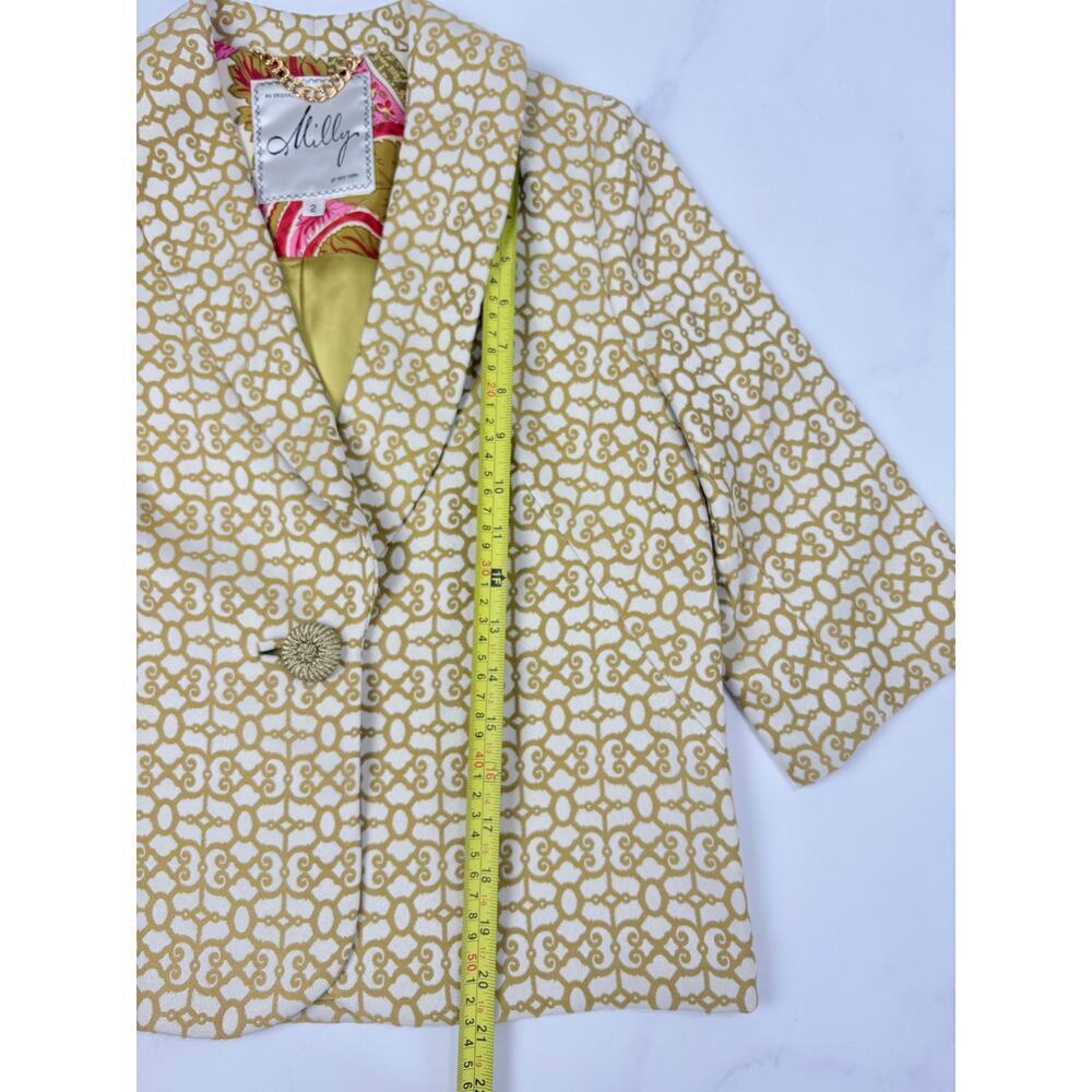 Milly Geometric Print Blazer Gold Rope Button Silk Lined Elbow Sleeve Jacket 2 - Picture 14 of 14